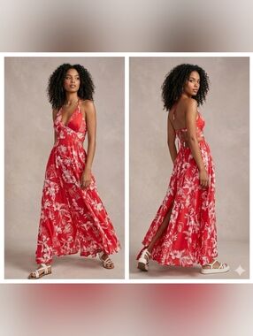 Red Floral Halter Maxi Dress - Women